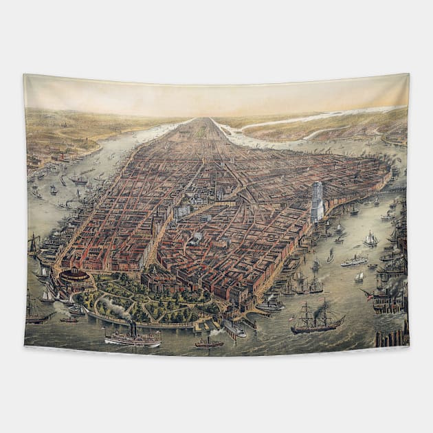 Antique map of New York City with Manhattan and the Brooklyn Bridge Tapestry by MasterpieceCafe