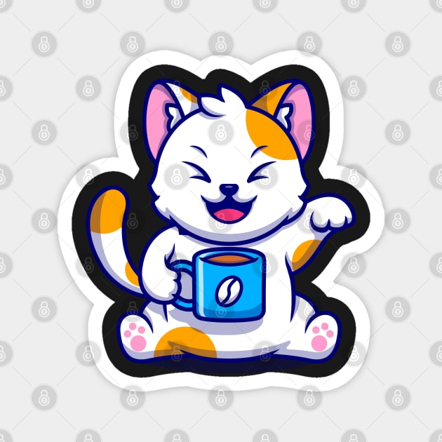 Cat and Coffee Kawaii Blue - Cute Magnet by Ravensdesign