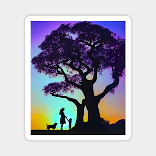 Surreal Aurora Sunset Jacaranda Mother Child and Dog Magnet