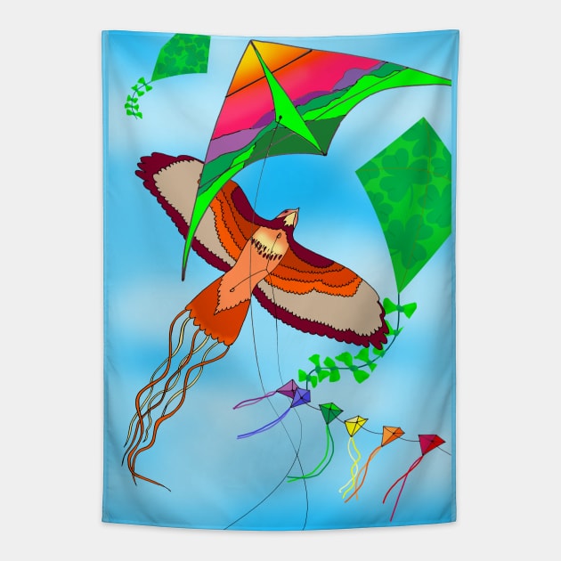 Flying Kites in a Blue Sky - Bird Kite, Hawk, Colorful Kites of California Tapestry by RhondaChase