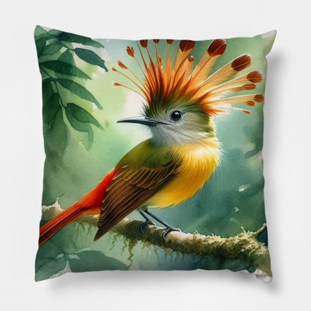 Colorful Royal Flycatcher - Watercolor Bird Pillow by Aquarelle Impressions