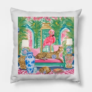 Cheetah and pink flamingo in preppy chinoiserie interior Pillow