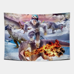 Bigfoot Yeti Sasquatch Riding Dinosaur Tapestry