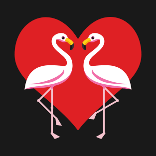 Cute White Pink Flamingos with Red Heart - Black T-Shirt
