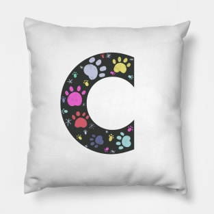 C letter  with colorful paw print Pillow