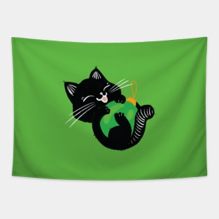 Cute black kitten with green ball Tapestry