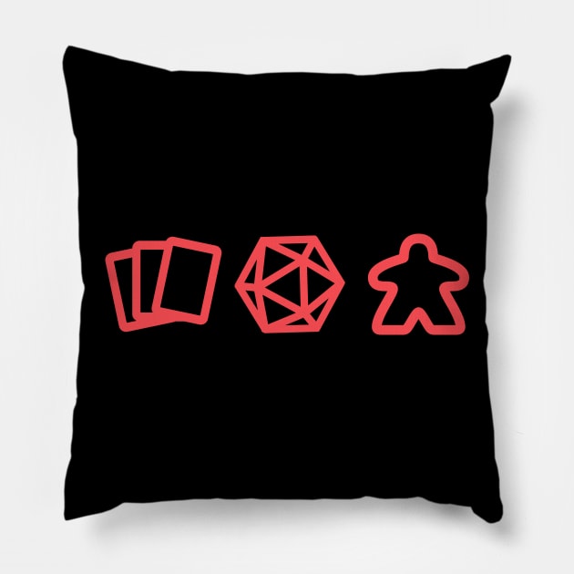 Nerdy TCG, Board Game Meeple, and D20 Dice Tabletop RPG Pillow by dungeonarmory