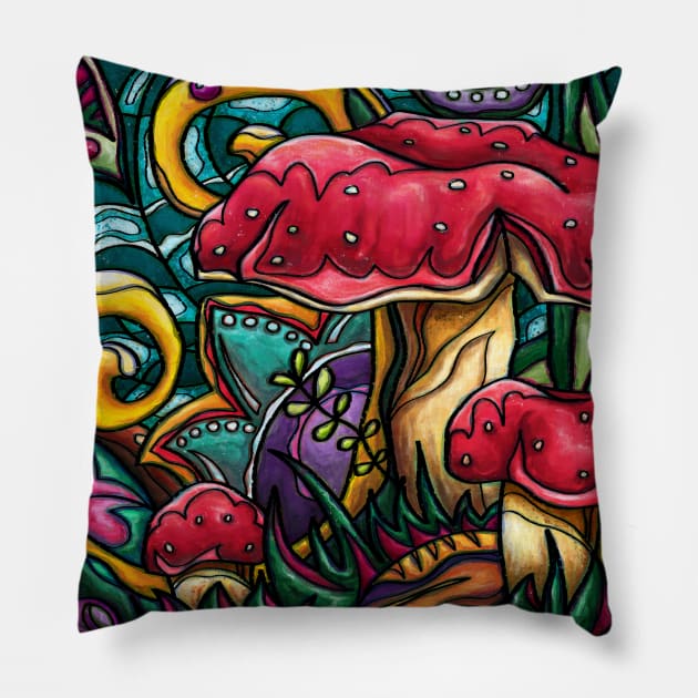 Whimsical mushrooms painting, bright cottagecore amanita muscaria art Pillow by NadiaChevrel