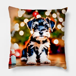 Cute Schnauzer Puppy's First Christmas Pillow