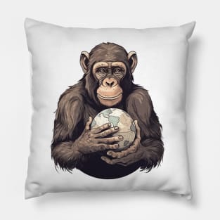 Earth Day, Earth Month and Everyday... A young cute ape holding the world in his hands with care. Pillow