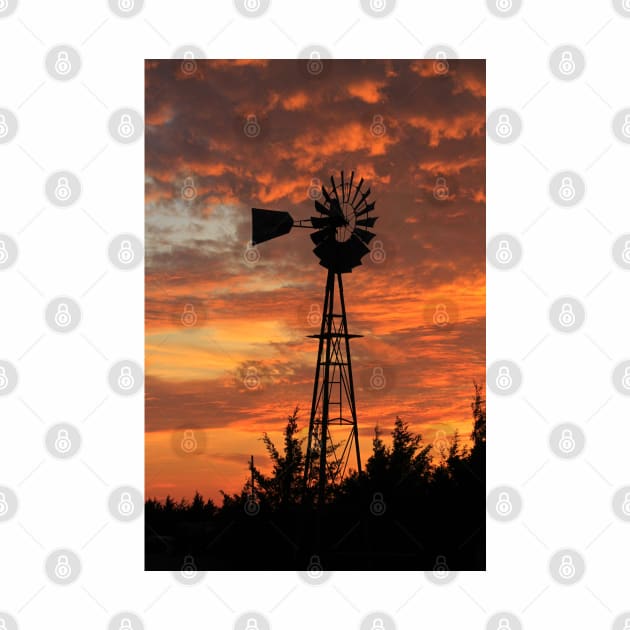 Blazing Sunset with a Windmill silhouette by ROBERTDBROZEK