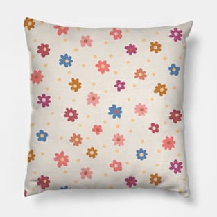 Scattered Daisy field with  orange, pink and blue floral on warm cream background Pillow