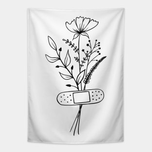 Floral Botanical Line Art Minimal | Black and White Design Tapestry