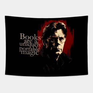 Stylized image of  Stephen King with his quote "Books are a uniquely portable magic" in red, black and browns Tapestry