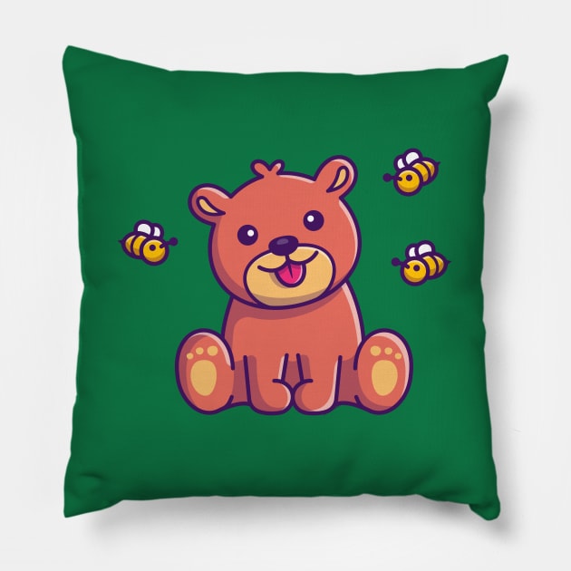 Cute Honey Bear With Bee Cartoon Pillow by Catalyst Labs