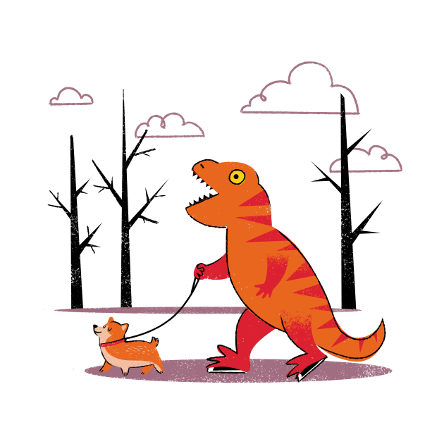 T-Rex Walking a Corgi by grrrenadine