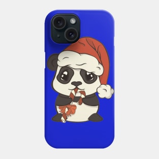 Cute Christmas panda bear in red Santa's hat with pompon eat sugar lollipop striped stick Phone Case