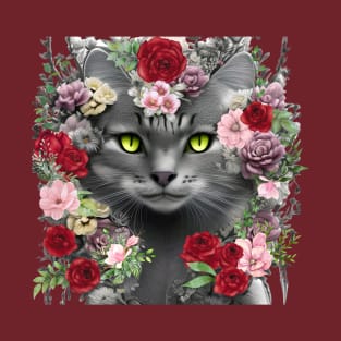 Beautiful Floral Gray Cat T-Shirt