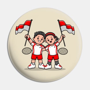 Cute Player Badminton Holding Indonesia Flag Cartoon Pin