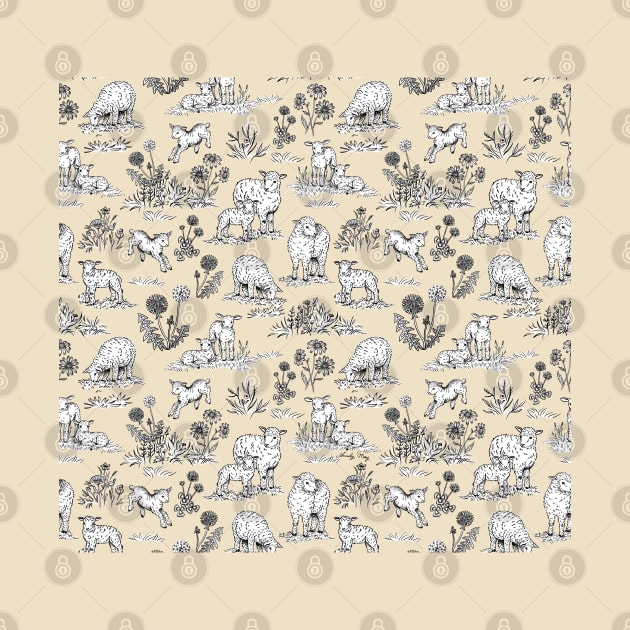 Sheep and Lambs on a Pasture Toile de Jouy (Beige) by illucalliart