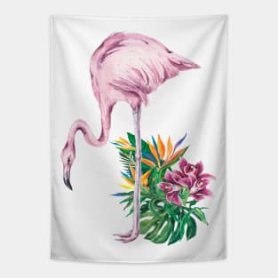 Pink Flamingo and Tropical Flowers Watercolor Art Tapestry