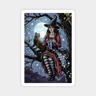 Knitting Witch and Cat by Moonlight Magnet