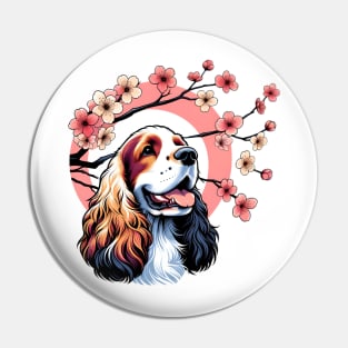 English Cocker Spaniel Enjoys Spring Cherry Blossoms Pin