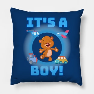 It's a Boy baby gender revealing in blue with a teddy bear Pillow