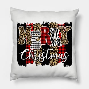 Merry Christmas Cheetah and Buffalo Plaid Paint Design Pillow