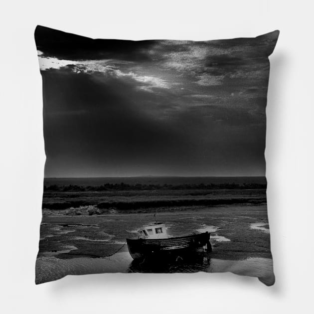 Fishing boat at low tide at Burnham Overy Staithe, Norfolk, UK Pillow by richflintphoto