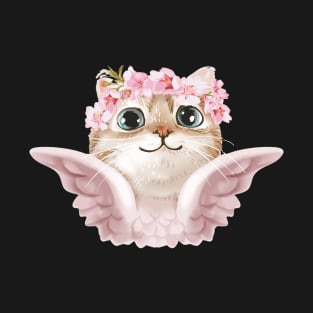 Little angel slogan with cute angel cat in floral crown illustration T-Shirt