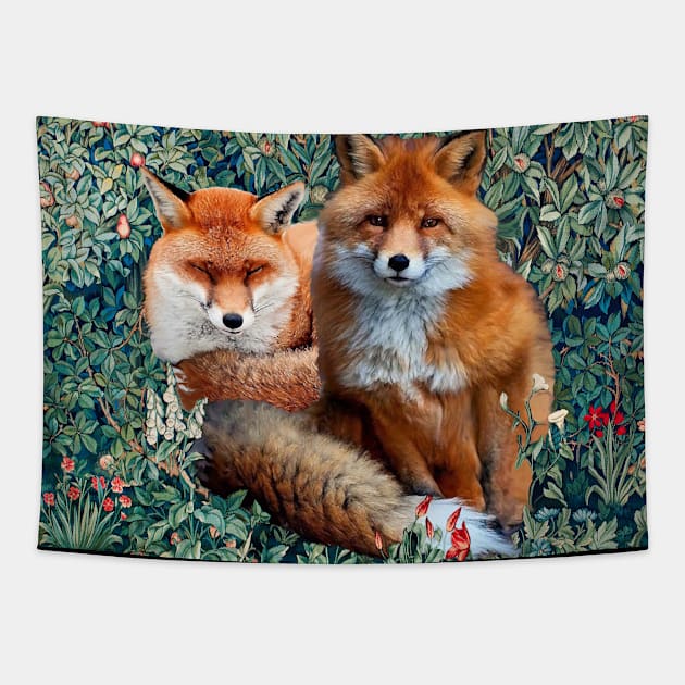RED FOXES AMONG GREENERY, FOLIAGE AND WILD FLOWERS Tapestry by BulganLumini
