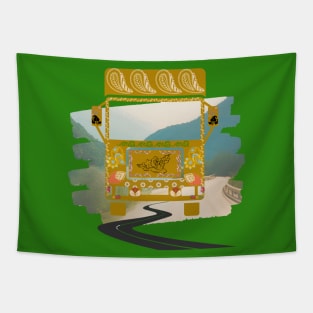 Yellow truck art motif illustration paisley design pattern with scenic paint stroke Tapestry