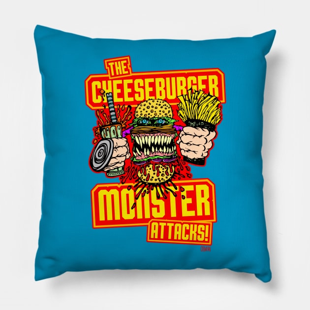 The Cheeseburger Monster Attacks! Pillow by peteoliveriart