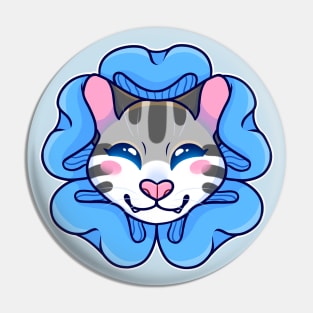 Striped Cat with Blue Flower Pin