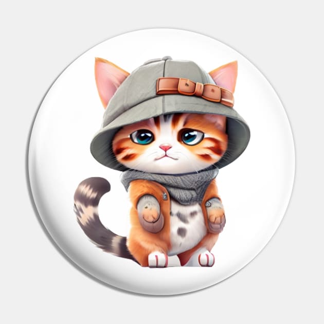 Cute Cartoon Cat wearing a Hat Pin by The Print Palace