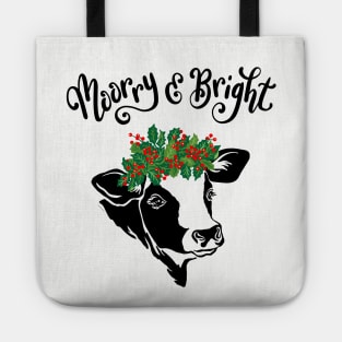 Christmas Cow Moorry & Bright Hand Drawn Cow with Holly Crown Tote