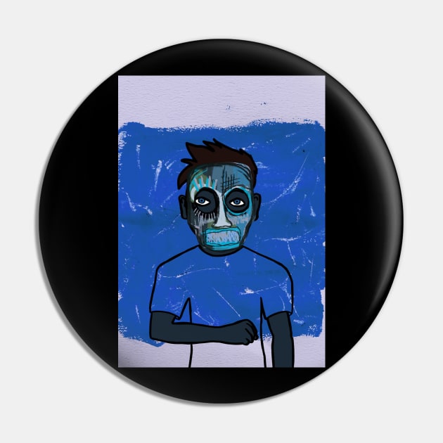 Expressionist Blue Male Character with Street Mask and Blue Eyes Pin by Hashed Art