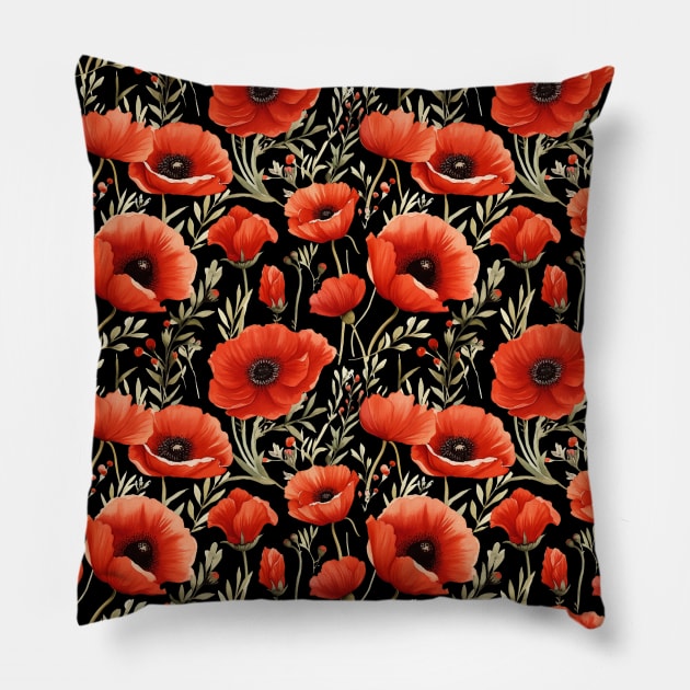 Red Poppies Watercolor Pattern #1 Pillow by RunAki