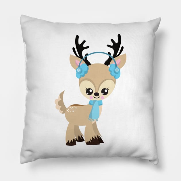 Christmas Reindeer, Cute Reindeer, Blue Scarf Pillow by Jelena Dunčević