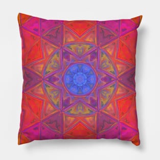 Mosaic Kaleidoscope Flower Blue Pink and Orange Pillow