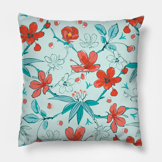 Japanese Cherry Blossom Floral Pattern Botanical Pillow by Studio Hues