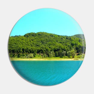 Scenery at Gerosa Lake with light blue waters rippling in front of the green shore Pin