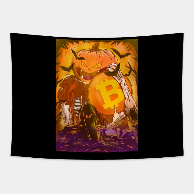 pumpkin king with bitcoin Tapestry by pleasuretshirt