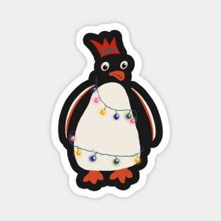 Funny Cartoon Christmas Penguin wrapped in Fairy Lights and Wearing Paper Xmas Hat Magnet