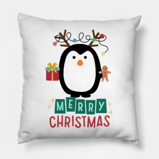 Penguin Christmas decoration. Christmas lights. Pillow