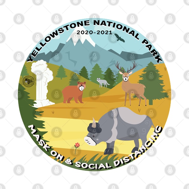 Yellowstone National Park Wildlife, Mask On and Social Distance, illustration, round by Smyrna Buffalo