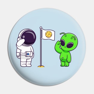 Cute Astronaut and Cute Alien Respect Moon Flag Cartoon Pin