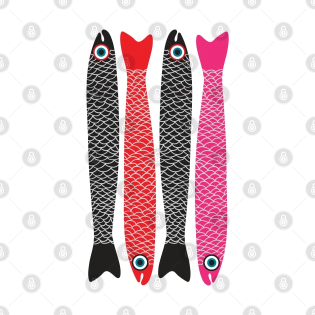 ANCHOVIES Bright Graphic Fun Groovy Fish in Black Red Pink - Vertical Layout - UnBlink Studio by Jackie Tahara by UnBlink Studio by Jackie Tahara