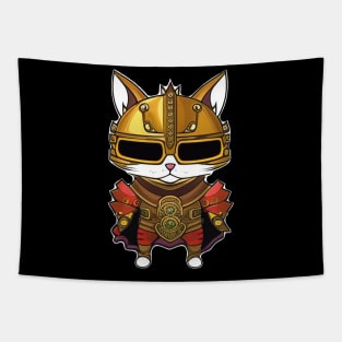 Whimsical Illustration of a Cat Knight in Colorful Armor Tapestry